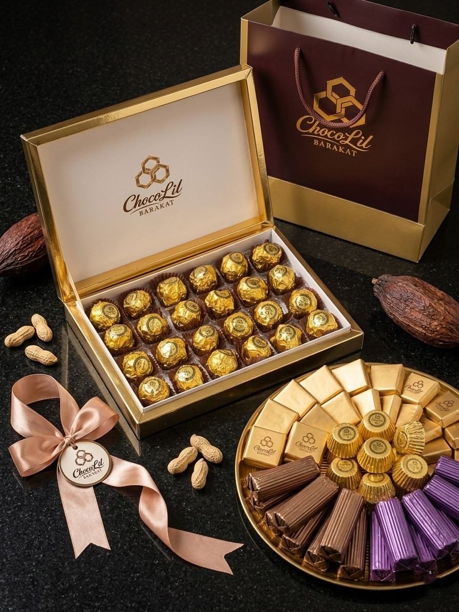 ChocoLil gold gift box of foil-wrapped pralines beside a burgundy ChocoLil gift bag