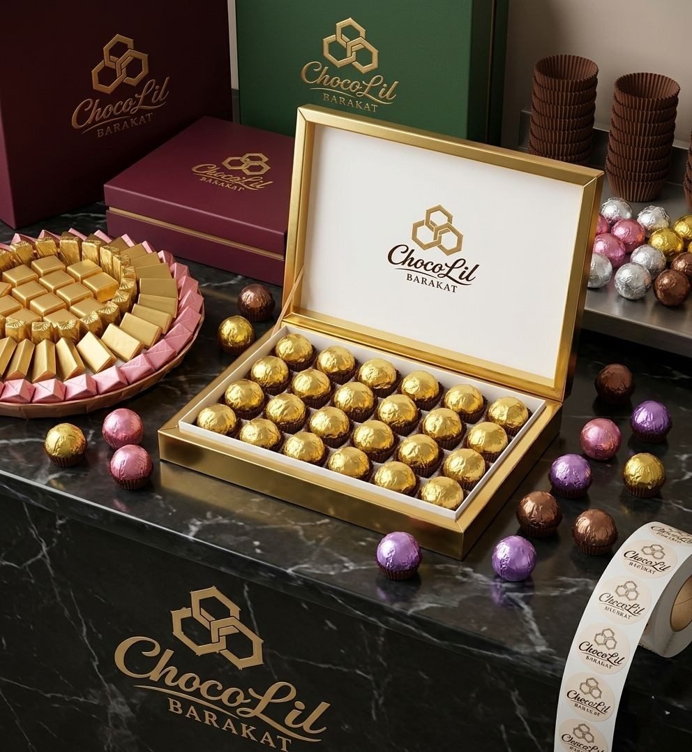 Gold ChocoLil box of pralines on a black marble counter with the ChocoLil Barakat logo