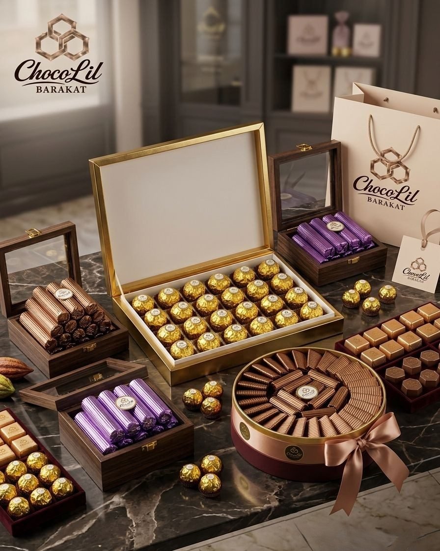ChocoLil gift boxes, wooden chests and a round tin arranged on a marble table