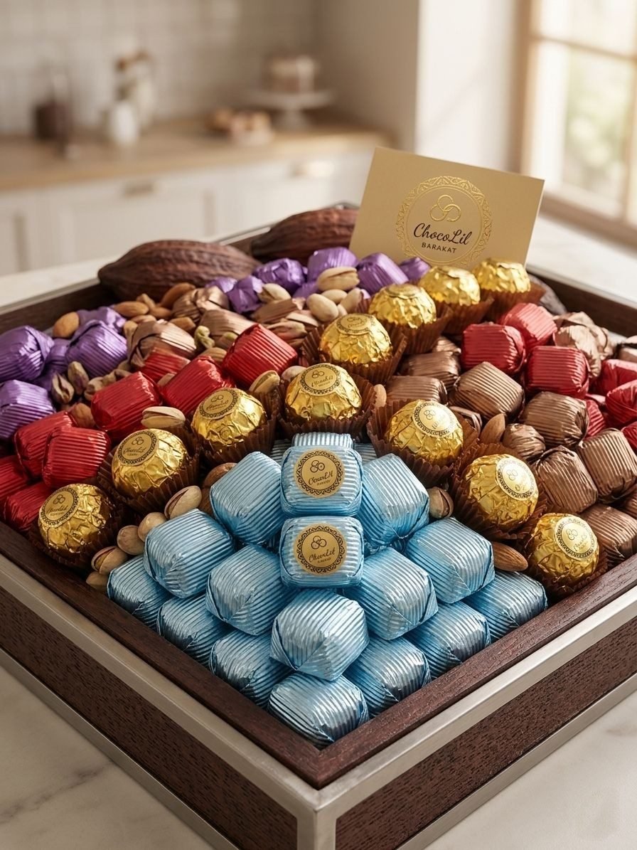 A ChocoLil hospitality tray piled with gold pralines, ribbed squares and pistachios